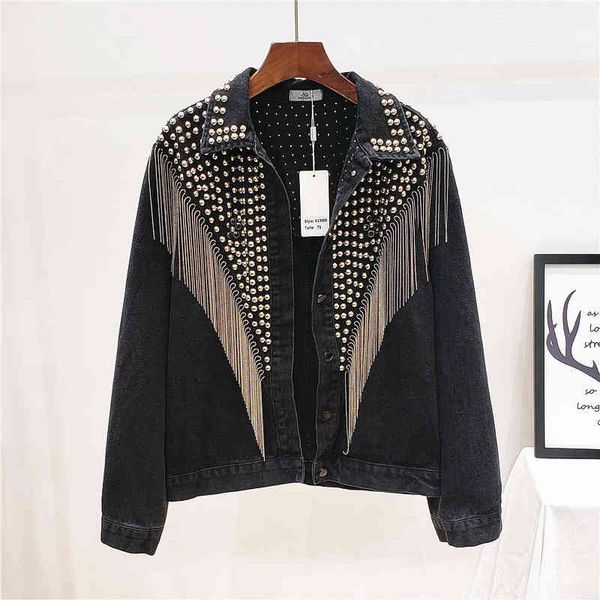 women's jackets streetwear denim women hand-studded rivet tassel chain short jeans spring autumn loose black coats chaquetas mujer, Black;brown
women's jackets streetwear denim women hand-studded rivet tassel chain short jeans spring autumn loose black coats chaquetas mujer, Black;brown