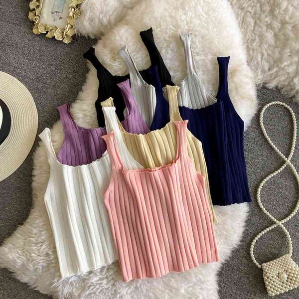 sweet short wild vertical stripes solid color self-cultivation knitted vest women's summer umbilical strap tank 210420, White
sweet short wild vertical stripes solid color self-cultivation knitted vest women's summer umbilical strap tank 210420, White
