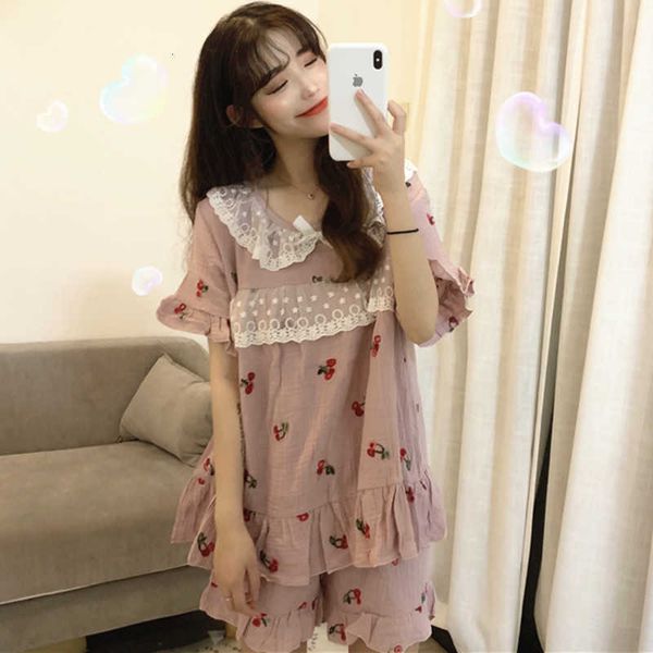 women's sleepwear cute princess soft girls summer women pijamas set cotton kawaii cherry print bowknow lace patchwork ruffle pajam, Black;red
women's sleepwear cute princess soft girls summer women pijamas set cotton kawaii cherry print bowknow lace patchwork ruffle pajam, Black;red