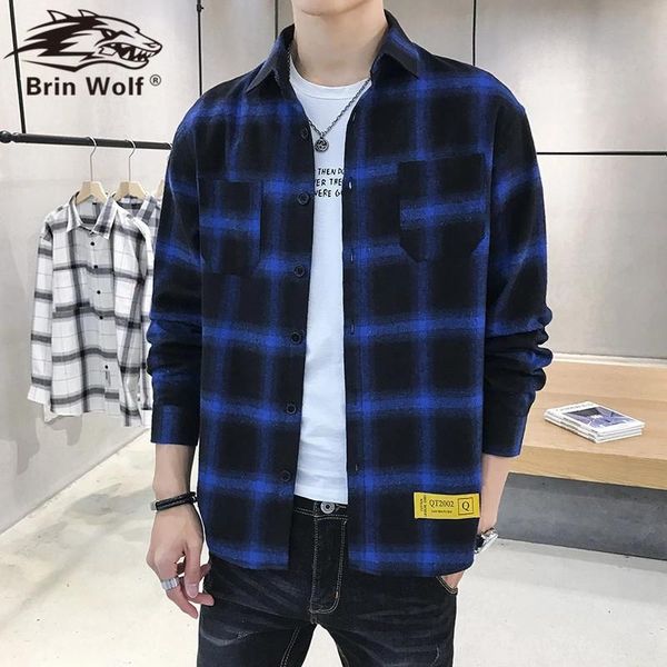 men's casual shirts brin wolf men shirt long sleeve spring plaid mens of vintage japanese streetwear pocket camisas, White;black
men's casual shirts brin wolf men shirt long sleeve spring plaid mens of vintage japanese streetwear pocket camisas, White;black