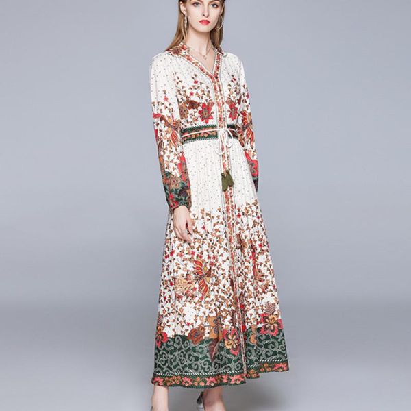 casual dresses autumn runway designer boho maxi dress women v-neck single-breasted flower printed lantern sleeve long with tassels belt, Black;gray 
casual dresses autumn runway designer boho maxi dress women v-neck single-breasted flower printed lantern sleeve long with tassels belt, Black;gray