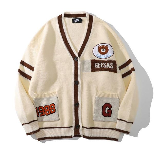 men's sweaters men cardigan cartoon bear embroidery knitted sweater v-neck harajuku retro casual button knit college style couples, White;black
men's sweaters men cardigan cartoon bear embroidery knitted sweater v-neck harajuku retro casual button knit college style couples, White;black