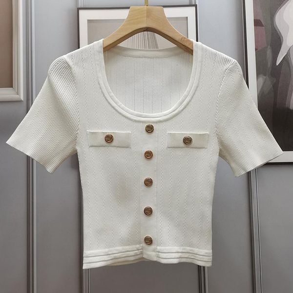 casual knitted crop t shirt summer short sleeve women basic button up female women's t-shirt, White
casual knitted crop t shirt summer short sleeve women basic button up female women's t-shirt, White