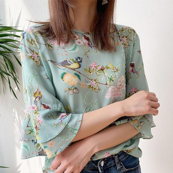 women's blouses & shirts summer female silk blouse 100% natural women elegant flare sleeve floral print, White
women's blouses & shirts summer female silk blouse 100% natural women elegant flare sleeve floral print, White
