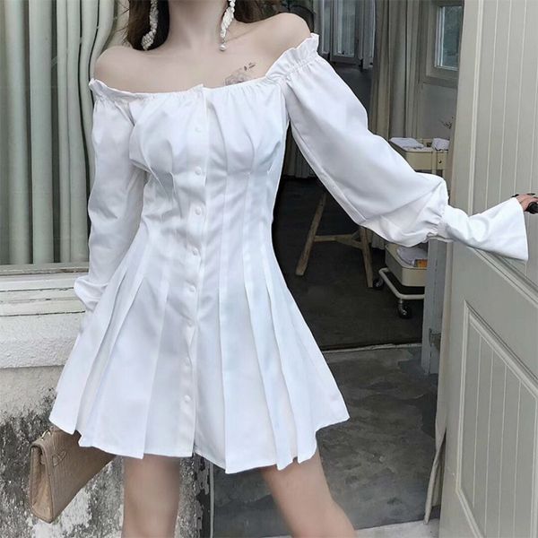 women's knits & tees women dress slash neck spring single breasted long sleeve high waist slim sweet pleated party dresses 1b, White
women's knits & tees women dress slash neck spring single breasted long sleeve high waist slim sweet pleated party dresses 1b, White
