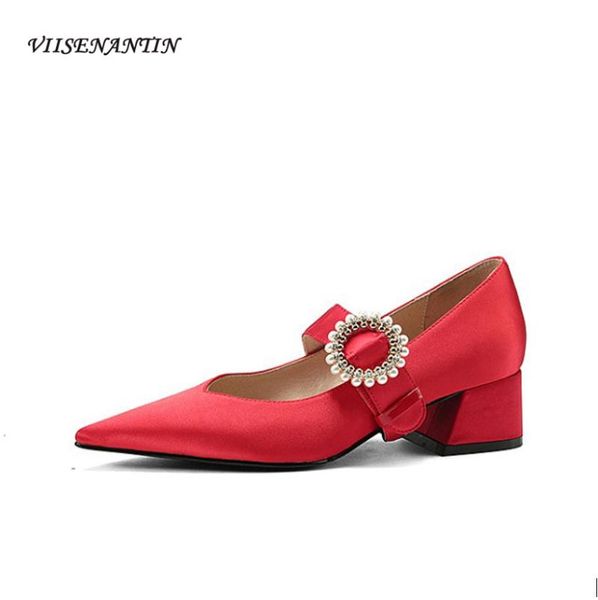 dress shoes pointed thick heel ankle buckle satin two-wear single pure color shallow mouth elegant pearl red wedding, Black
dress shoes pointed thick heel ankle buckle satin two-wear single pure color shallow mouth elegant pearl red wedding, Black
