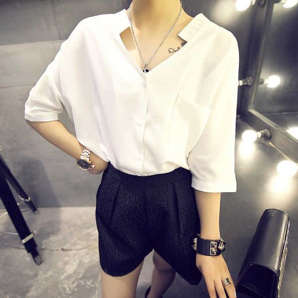 fashion women spring summer style cotton blouses shirts lady casual half sleeve v-neck solid loose women's df3483 210609, White 
fashion women spring summer style cotton blouses shirts lady casual half sleeve v-neck solid loose women's df3483 210609, White