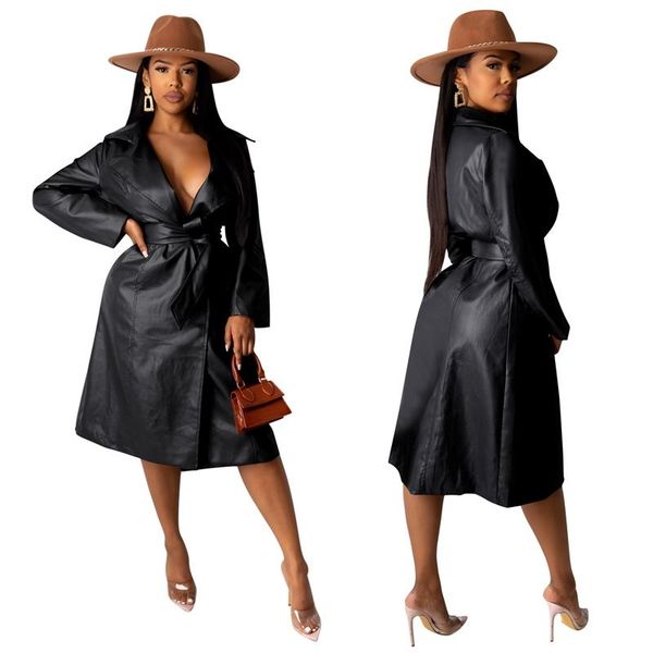 women's trench coats tnnaoff pu leather jacket for women fashion streetwear coat fall winter clothing bandage cardigan long, Tan;black 
women's trench coats tnnaoff pu leather jacket for women fashion streetwear coat fall winter clothing bandage cardigan long, Tan;black