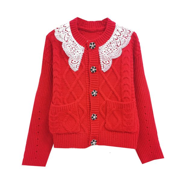 sweater knit gulinaza's same style of 2021 autumn winter lace collar stitched diamond button cardigan women's, White;black
sweater knit gulinaza's same style of 2021 autumn winter lace collar stitched diamond button cardigan women's, White;black