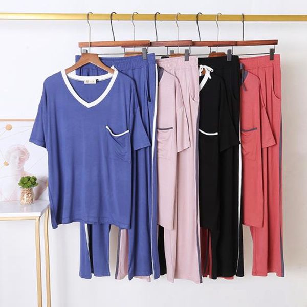 women's sleepwear spring summer large size pajamas women short sleeve trousers pijamas set modal cotton loose sleepwear v-neck pyj, Black;red
women's sleepwear spring summer large size pajamas women short sleeve trousers pijamas set modal cotton loose sleepwear v-neck pyj, Black;red