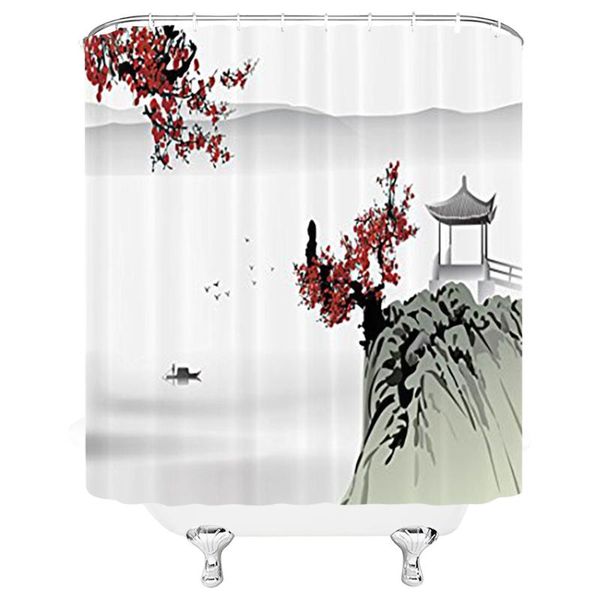chinese style painting carps plum blossom bamboo bathroom curtain with hook and loop shower curtains