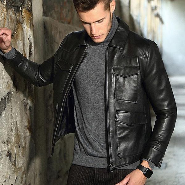 men's leather & faux arrival mens genuine short jackets slim fit turn down collar motorcycle coat for male jaqueta couro homem, Black
men's leather & faux arrival mens genuine short jackets slim fit turn down collar motorcycle coat for male jaqueta couro homem, Black