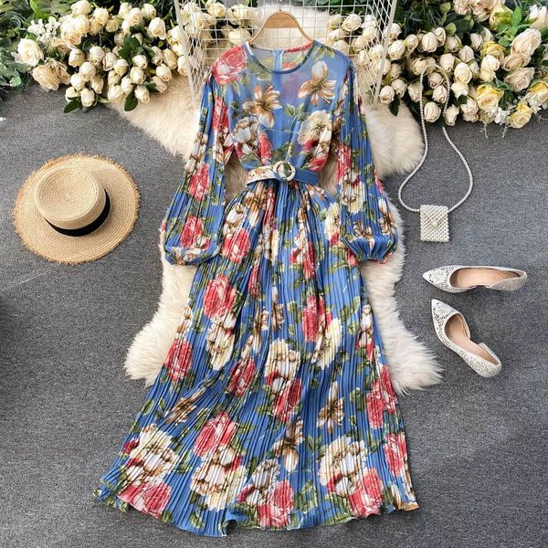 french print pleated long dress women o neck puff sleeve sashes a-line dresses autumn boho holiday maxi casual, Black;gray
french print pleated long dress women o neck puff sleeve sashes a-line dresses autumn boho holiday maxi casual, Black;gray