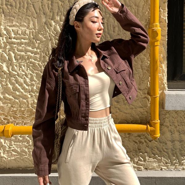 women classic spread collar cropped denim jacket in brown women's jackets, Black;brown
women classic spread collar cropped denim jacket in brown women's jackets, Black;brown