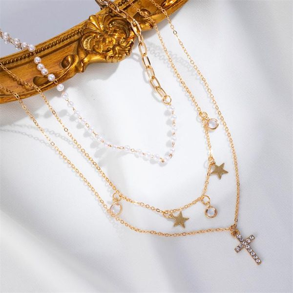 chains trend creative inlaid zircon cross shape pendant personality fashion imitation pearl multilayer necklace women's party jewelry, Silver
chains trend creative inlaid zircon cross shape pendant personality fashion imitation pearl multilayer necklace women's party jewelry, Silver