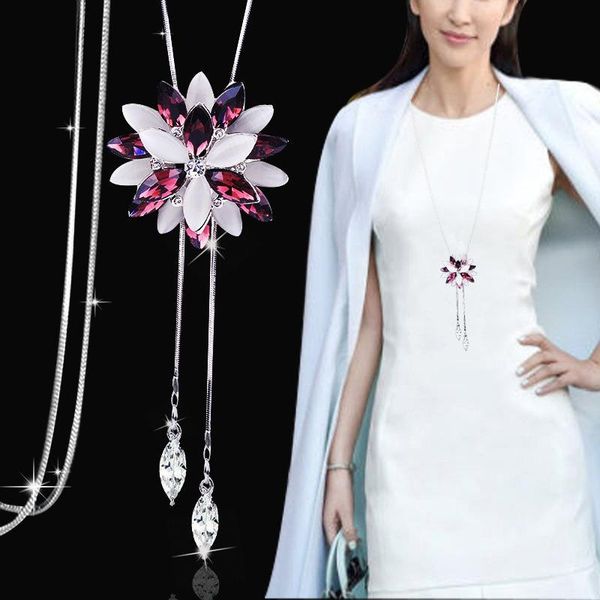 pendant necklaces women's crystal flower long necklace party jewelry for dress decoration gift sweater chain, Silver
pendant necklaces women's crystal flower long necklace party jewelry for dress decoration gift sweater chain, Silver