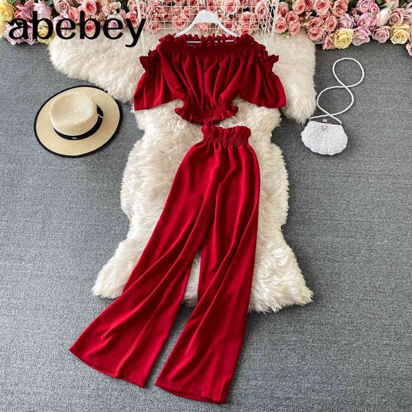 spring summer green/black/red two piece set women slash neck short + high waist wide leg pants female suit 210512, White
spring summer green/black/red two piece set women slash neck short + high waist wide leg pants female suit 210512, White