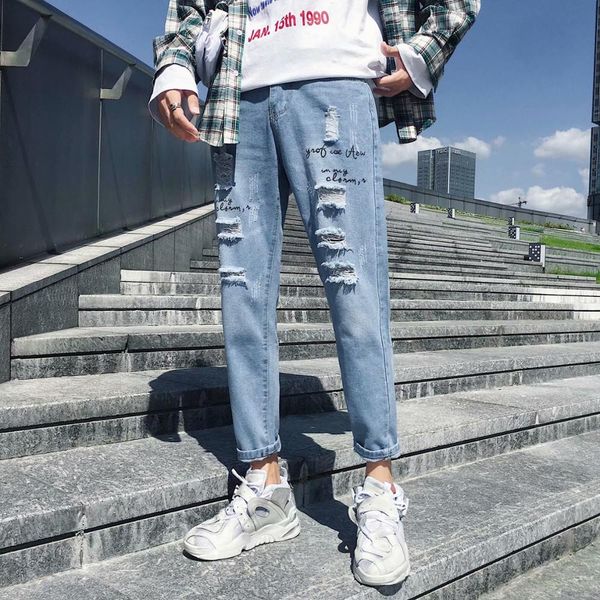 men's jeans wholesale autumn winter men's nine-point hole jeans korean teenagers port slim feet loose ankle length pencil pants, Blue
men's jeans wholesale autumn winter men's nine-point hole jeans korean teenagers port slim feet loose ankle length pencil pants, Blue