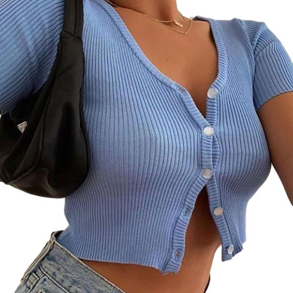cryptographic knitted summer short sleeve womens t shirt tee slim button solid cropped casual streetwear, White
cryptographic knitted summer short sleeve womens t shirt tee slim button solid cropped casual streetwear, White