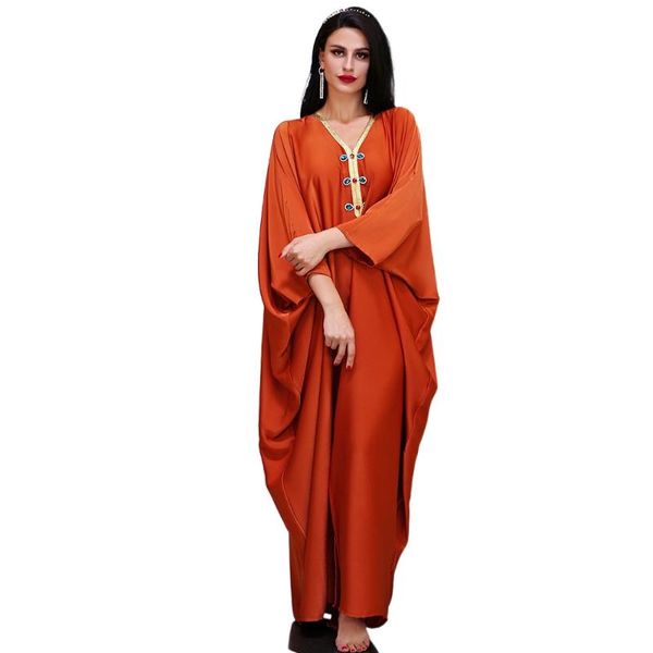 

muslim robe orange satin diamonds loose bat sleeve cloak middle east dubai abaya turkey long dress fashion donsignet ethnic clothing, Red