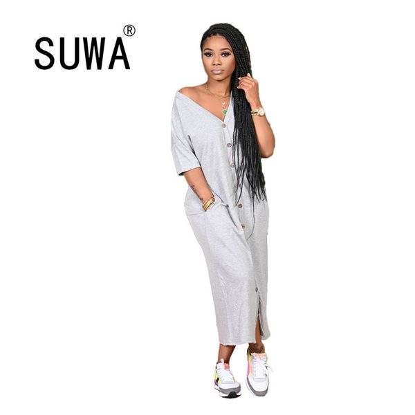 women dress lady recommend style solid color v neck single-breasted long gowns soft streetwear 210525, Black;gray
women dress lady recommend style solid color v neck single-breasted long gowns soft streetwear 210525, Black;gray