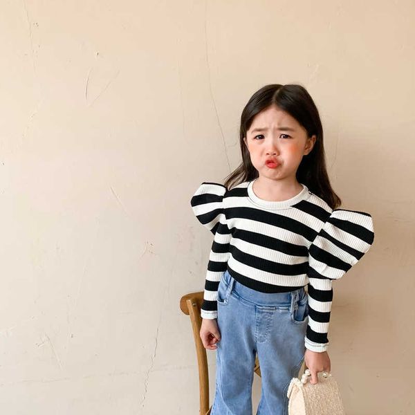 spring fashion striped knit t-shirts kids girls chic casual puff sleeve clothing korean style 210615, Blue
spring fashion striped knit t-shirts kids girls chic casual puff sleeve clothing korean style 210615, Blue