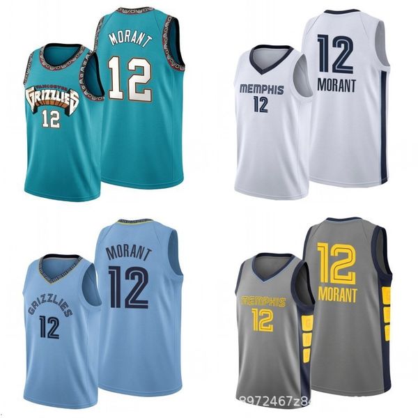 tracksuit jerseys a grizzlies 12 morant embroidered basketball jersey, Gray