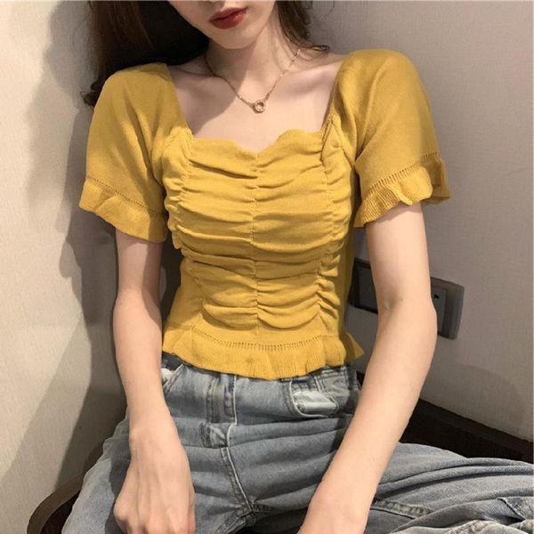 women's t-shirt vintage knitted casual square neck short sleeve pleated tee slim lady knitwear wdc4758, White
women's t-shirt vintage knitted casual square neck short sleeve pleated tee slim lady knitwear wdc4758, White