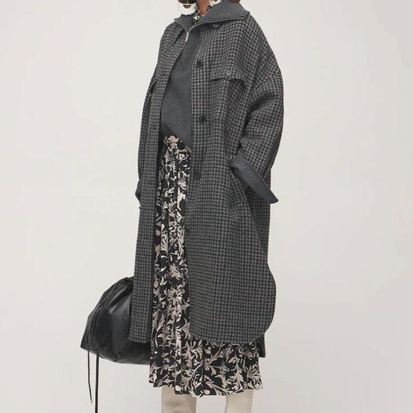 women's wool & blends houndstooth pattern ladies woolen coat turn-down collar loose fashion casual women long, Black
women's wool & blends houndstooth pattern ladies woolen coat turn-down collar loose fashion casual women long, Black
