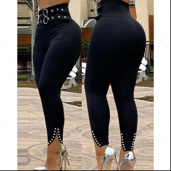beaded eyelet o ring womens pants slit skinny bodycon high waist pencil, Black;white