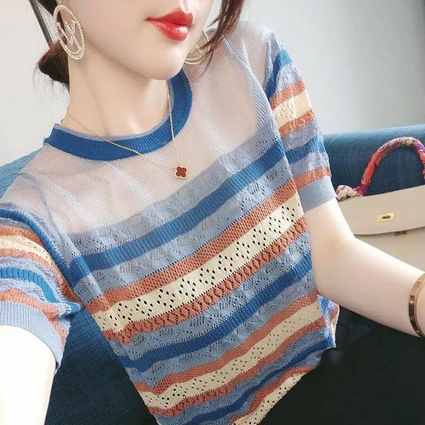 women's t-shirt contrast colors hollow out knit women plus size short sleeve knitwear summer thin round neck ice silk pullovers, White
women's t-shirt contrast colors hollow out knit women plus size short sleeve knitwear summer thin round neck ice silk pullovers, White