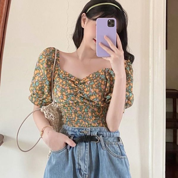 floral square collar bubble sleeves blouse short-sleeved exposed navel slim short sleeve chiffon shirt the women's blouses & shirts, White
floral square collar bubble sleeves blouse short-sleeved exposed navel slim short sleeve chiffon shirt the women's blouses & shirts, White
