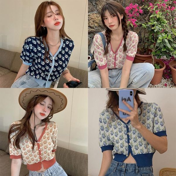 women's t-shirt retro knitted tees summer women v-neck printed short sleeve cardigans ladies single-breasted t-shirts crop, White
women's t-shirt retro knitted tees summer women v-neck printed short sleeve cardigans ladies single-breasted t-shirts crop, White
