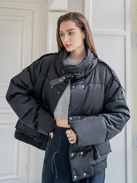 coldbreak raglan sleeve grommet buckled flap pocket puffer coat z31e#, Black 
coldbreak raglan sleeve grommet buckled flap pocket puffer coat z31e#, Black