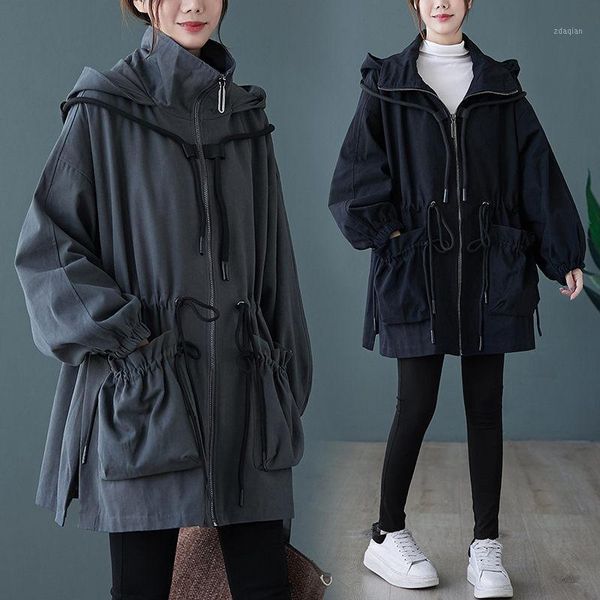 women's trench coats drawstring solid color windbreaker oversized double pocket side slit long sleeve zipper hooded mid-length coat fal, Tan;black
women's trench coats drawstring solid color windbreaker oversized double pocket side slit long sleeve zipper hooded mid-length coat fal, Tan;black