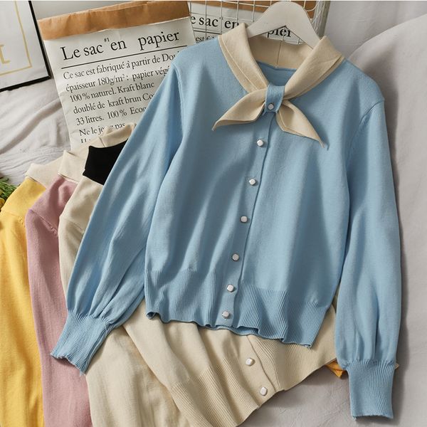 color matching bow single-breasted loose knit sweater women's cardigan autumn winter vintage long-sleeved coats 210420, White;black
color matching bow single-breasted loose knit sweater women's cardigan autumn winter vintage long-sleeved coats 210420, White;black