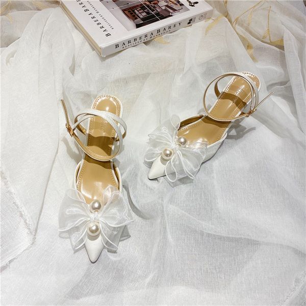 sandals 2021 fairy high heels pearl bow bridal princess wedding shoes, Black