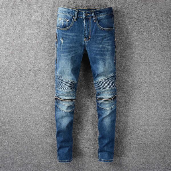 fashion streetwear men jeans elastic slim fit retro blue spliced designer denim punk trousers hip hop biker pants
fashion streetwear men jeans elastic slim fit retro blue spliced designer denim punk trousers hip hop biker pants