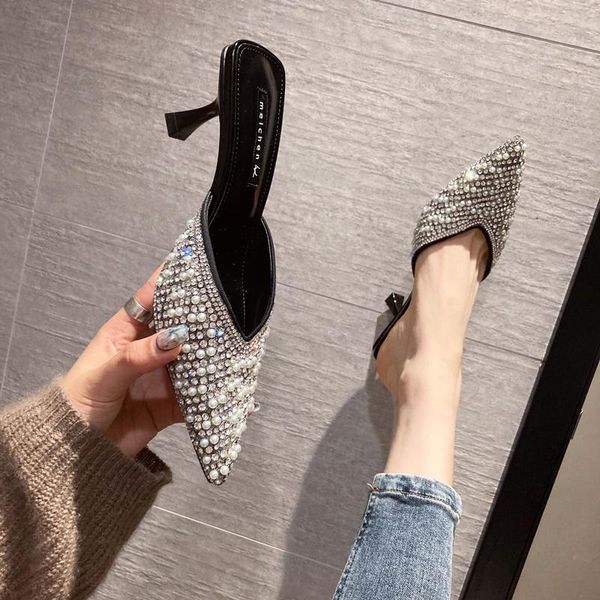 slippers summer 2021 net red rhinestone half baotou sandals high-heeled women's outer wear fashionable stiletto poi, Black 
slippers summer 2021 net red rhinestone half baotou sandals high-heeled women's outer wear fashionable stiletto poi, Black