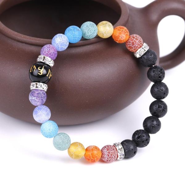 charm bracelets buddha 8mm 7 chakra weathered black lava stone bracelet reiki healing beads strand six character truth energy jewelry, Golden;silver