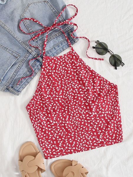 self tie ditsy floral halter o3mv#, White
