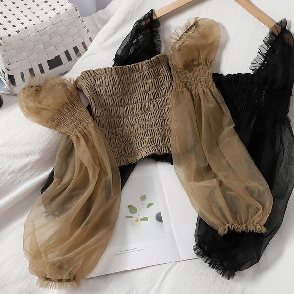women's blouses & shirts fashion patchwork khaki puff long sleeve mesh blouse women retro off shoulder slash neck slim wild pleate, White
women's blouses & shirts fashion patchwork khaki puff long sleeve mesh blouse women retro off shoulder slash neck slim wild pleate, White