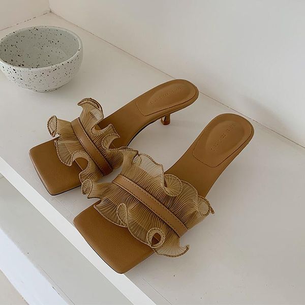 slippers heel women dress shoes ladies small mules high slipper fashion lace slides square toe zapatos de mujer, Black 
slippers heel women dress shoes ladies small mules high slipper fashion lace slides square toe zapatos de mujer, Black