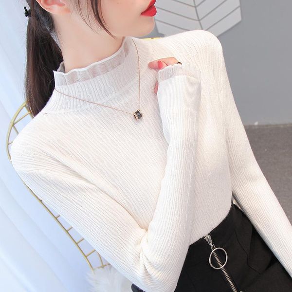 women's sweaters korean fashion 2021 autumn winter lace trim turtleneck femininity elegant long-sleeved tight pullover jersey mujer, White;black
women's sweaters korean fashion 2021 autumn winter lace trim turtleneck femininity elegant long-sleeved tight pullover jersey mujer, White;black