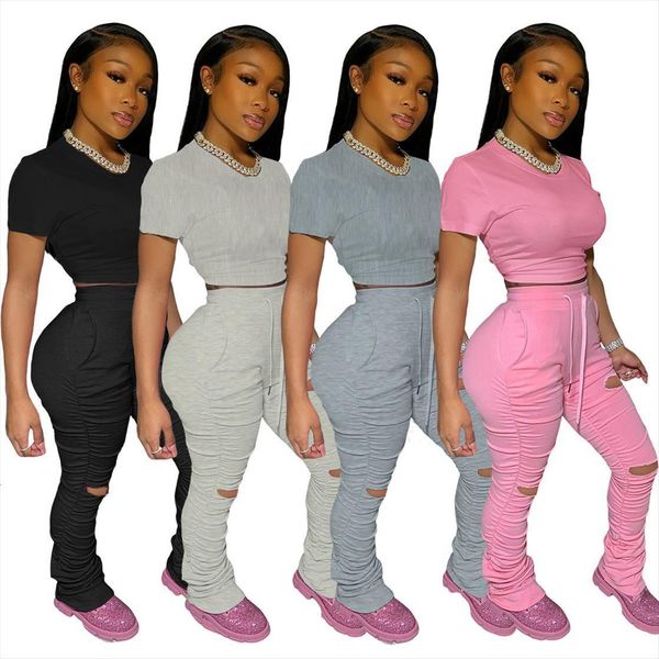 two piece set short sleeved womens pants crop holes trousers pleated solid sports suits home suit sets, White
two piece set short sleeved womens pants crop holes trousers pleated solid sports suits home suit sets, White
