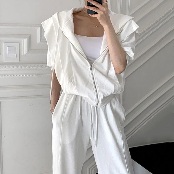 women's two piece pants zcsmll sports set korea simple hooded drawstring short sleeve sweater + high waist loose wide leg split women, White
women's two piece pants zcsmll sports set korea simple hooded drawstring short sleeve sweater + high waist loose wide leg split women, White