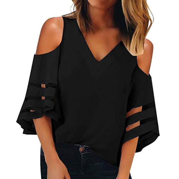 women t-shirt button v neck mesh panel solid color strapless shoulder 3/4 bell sleeve loose shirt camiseta mujer women's sweaters, White;black
women t-shirt button v neck mesh panel solid color strapless shoulder 3/4 bell sleeve loose shirt camiseta mujer women's sweaters, White;black