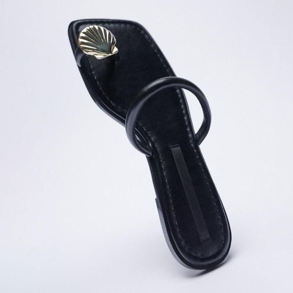 sandals women's 2021 summer black square head metal decoration flat