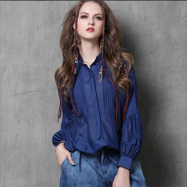 women's blouses & shirts autumn casual dark blue silk shirt women blouse blusa feminina long lantern sleeve vintage stand collar, White
women's blouses & shirts autumn casual dark blue silk shirt women blouse blusa feminina long lantern sleeve vintage stand collar, White