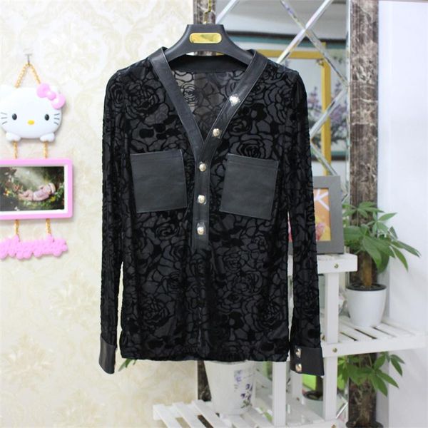women's blouses & shirts autumn designer floral lace patchwork leather v-neck b941, White
women's blouses & shirts autumn designer floral lace patchwork leather v-neck b941, White